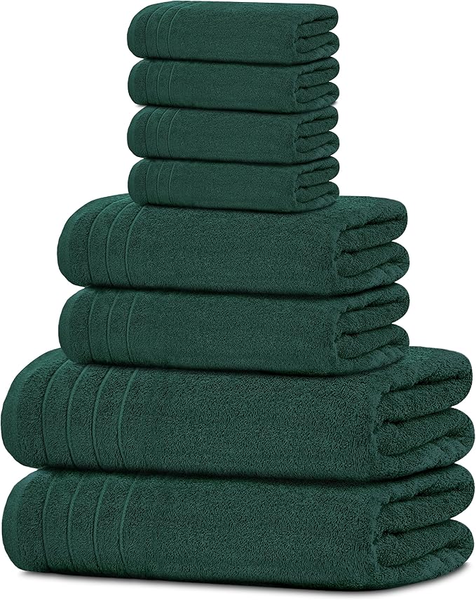 Hunter Green 8-Piece Cotton Towel Set – Bath, Hand & Washcloths | Soft & Absorbent