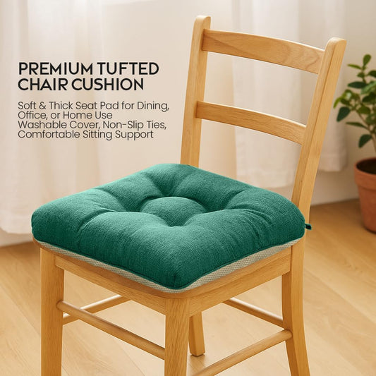 Jade Green Chair Pads (Pack of 2) – Tufted Non-Slip Dining Seat Cushions with Ties 45x45+8cm