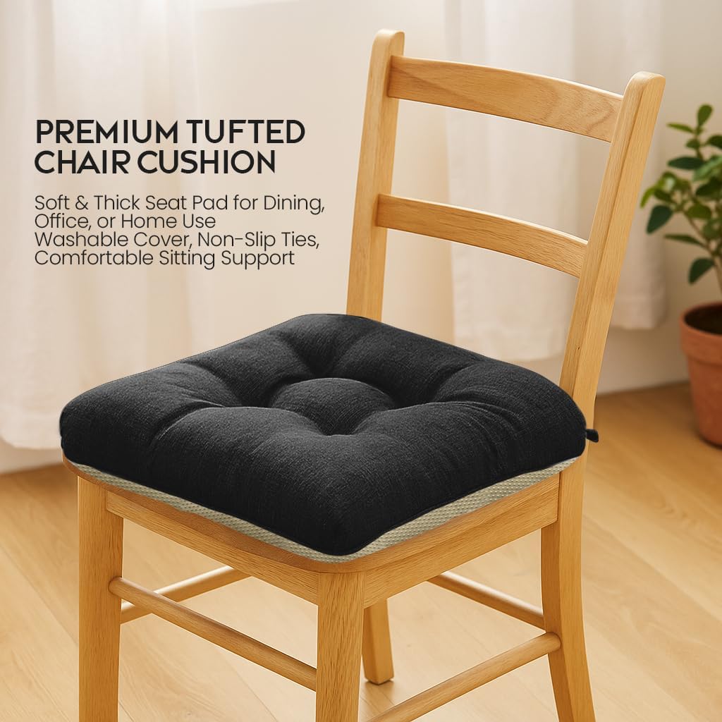 Black Chair Pads (Pack of 4) – Tufted Non-Slip Dining Seat Cushions with Ties 45x45+8cm