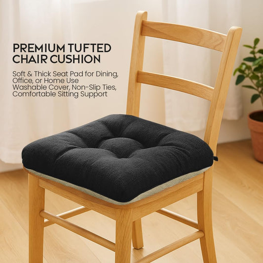 Black Chair Pads (Pack of 2) – Tufted Non-Slip Dining Seat Cushions with Ties 45x45+8cm
