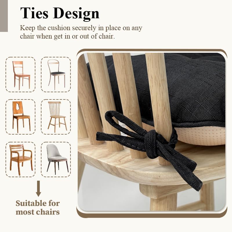 Black Chair Pads (Pack of 4) – Tufted Non-Slip Dining Seat Cushions with Ties 45x45+8cm