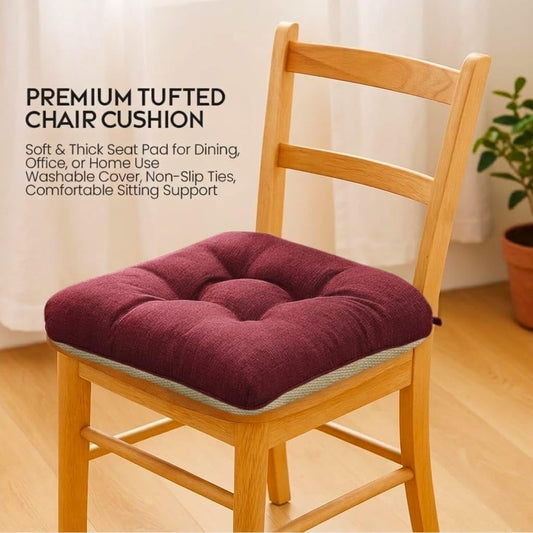 Burgundy Chair Pads (Pack of 2) – Tufted Non-Slip Dining Seat Cushions with Ties 45x45+8cm
