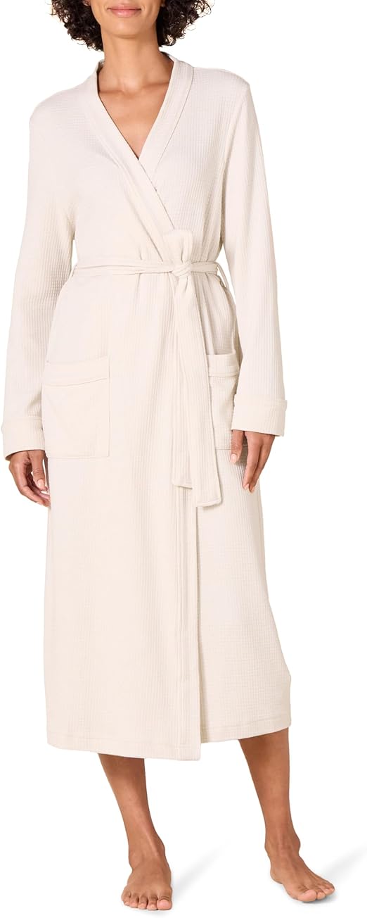 Beige Women’s Lightweight Waffle Full-Length Robe – Soft Breathable Cotton Blend Lounge Robe
