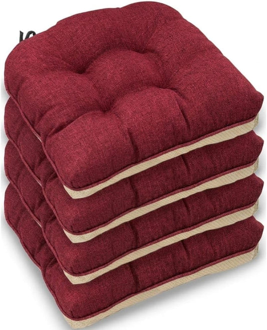 Burgundy Chair Pads (Pack of 4) – Tufted Non-Slip Dining Seat Cushions with Ties 45x45+8cm