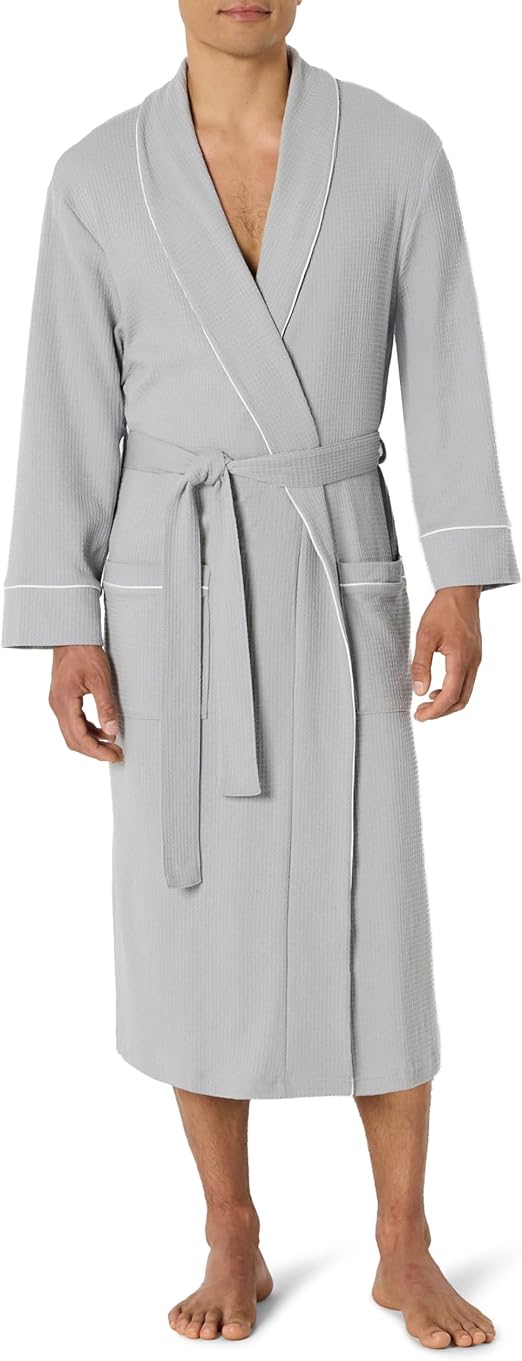 Men’s Lightweight Waffle Bathrobe – Soft Breathable Cotton Blend Lounge Robe (Light Grey)