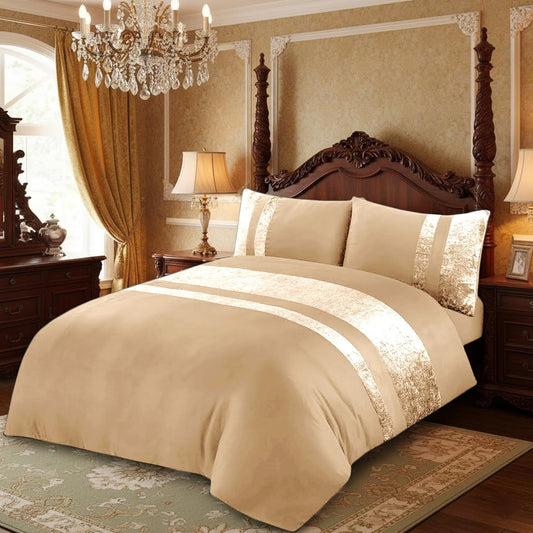 Beige Duvet Cover Set with Crushed Velvet Panel Band – Soft Double Bedding with Pillowcases