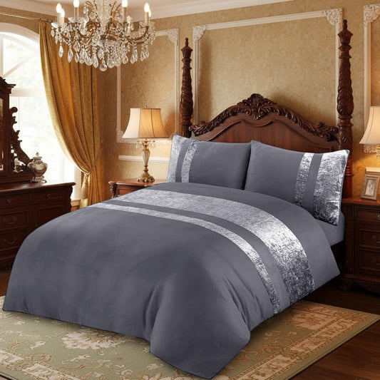 Grey Duvet Cover Set with Crushed Velvet Panel Band – Soft Double Bedding with Pillowcases