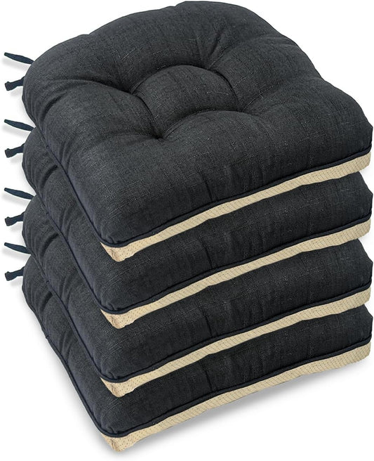 Black Chair Pads (Pack of 4) – Tufted Non-Slip Dining Seat Cushions with Ties 45x45+8cm