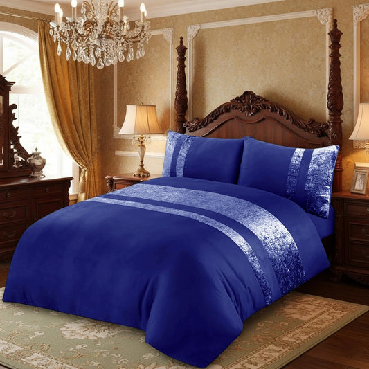 Navy Duvet Cover Set with Crushed Velvet Panel Band – Soft Double Bedding with Pillowcases