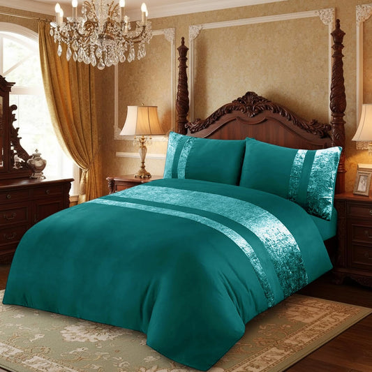 Jade Duvet Cover Set with Crushed Velvet Panel Band – Soft Double Bedding with Pillowcases
