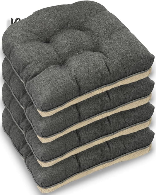Grey Chair Pads (Pack of 4) – Tufted Non-Slip Dining Seat Cushions with Ties 45x45+8cm