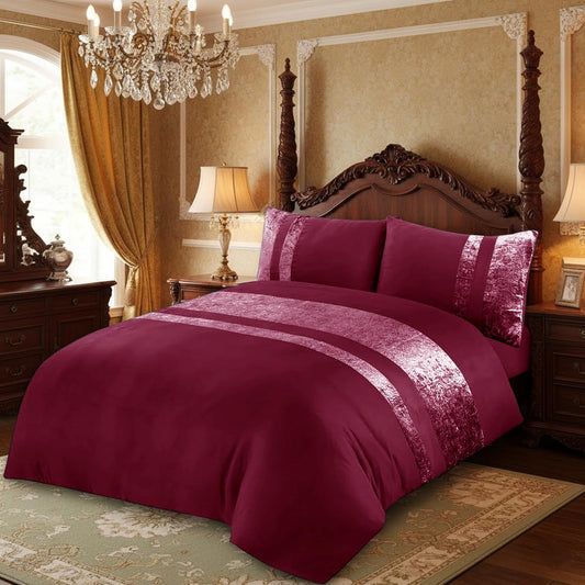 Burgundy Duvet Cover Set with Crushed Velvet Panel Band – Soft Double Bedding with Pillowcases