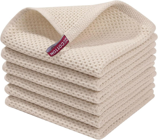 Beige Waffle Weave Dish Cloths (6-Pack) – 100% Cotton Ultra Soft & Quick Dry Kitchen Towels