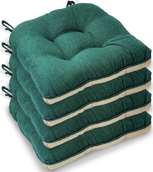 Jade Green Chair Pads (Pack of 4) – Tufted Non-Slip Dining Seat Cushions with Ties 45x45+8cm