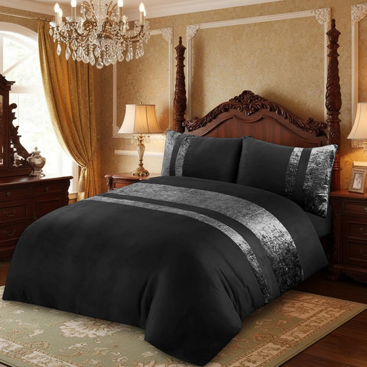 Black Duvet Cover Set with Crushed Velvet Panel Band – Soft Double Bedding with Pillowcases