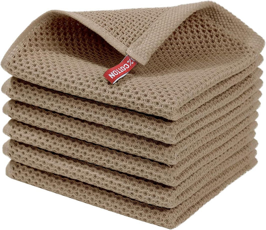 Tan Waffle Weave Dish Cloths (6-Pack) – 100% Cotton Ultra Soft & Quick Dry Kitchen Towels