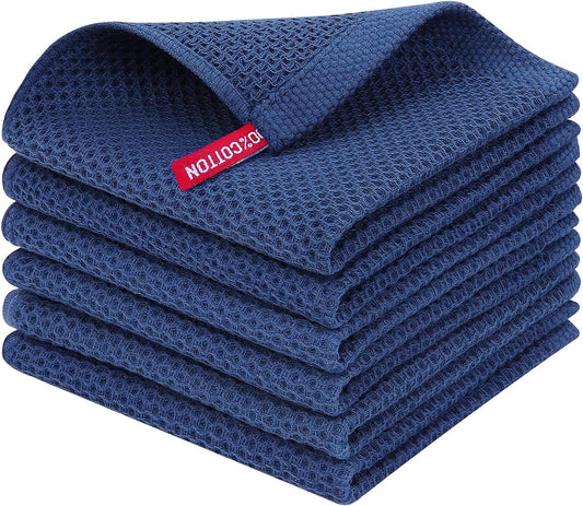 Navy Blue Waffle Weave Dish Cloths (6-Pack) – 100% Cotton Ultra Soft & Quick Dry Kitchen Towels