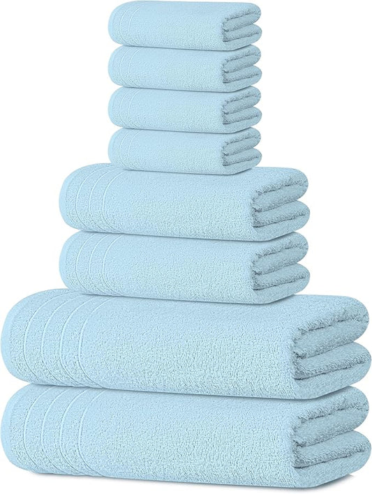 Sky Blue 8-Piece Cotton Towel Set – Bath, Hand & Washcloths | Soft & Absorbent